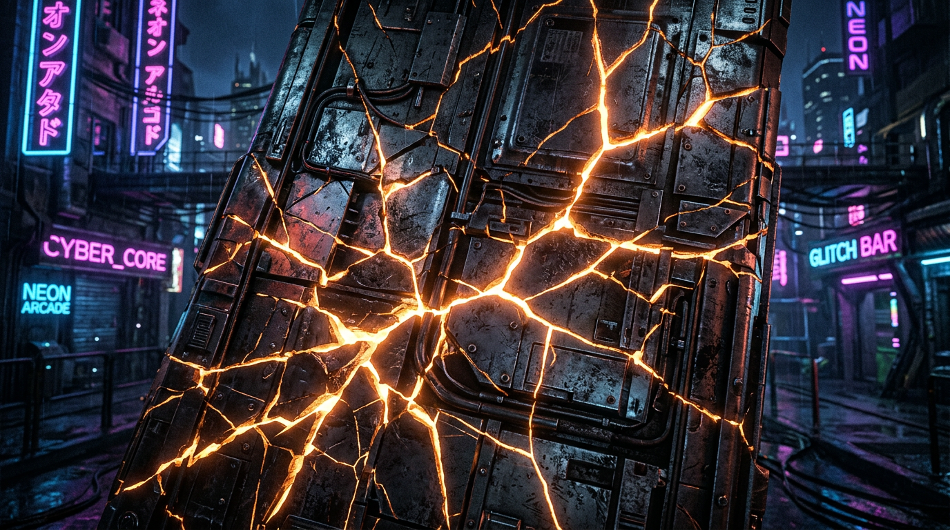 Cracked metal panel with glowing orange fissures in a dark neon city street