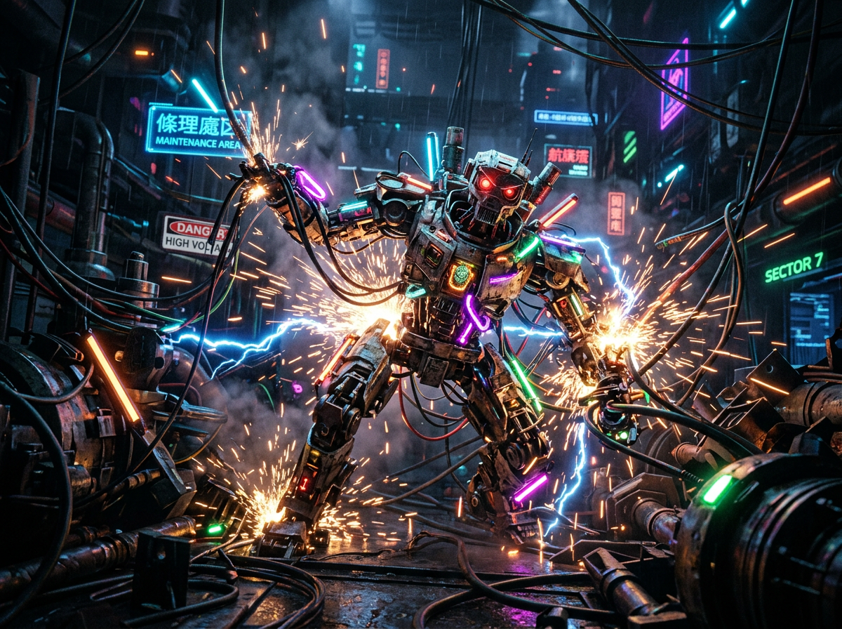 Armored robot welding amid sparks and cables in a neon maintenance area