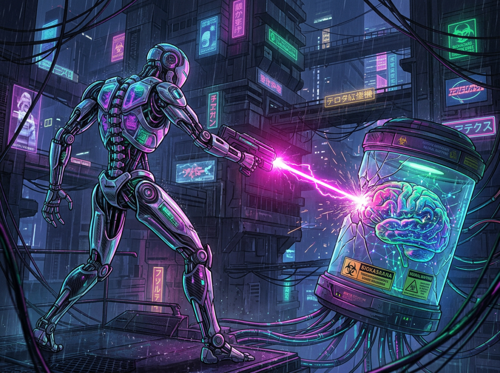 Armored robot firing a pink energy beam at a glowing brain capsule
