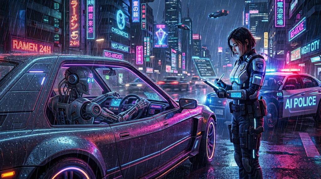 Robot sitting behind the steering wheel of a vehicle with a human police officer standing outside writing a speeding ticket.