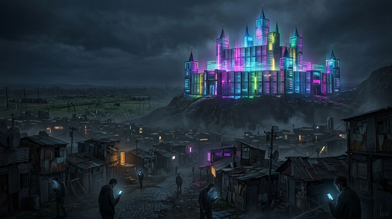 Shining castle on a hill built out of Server Racks, high above a valley with dimly lit streets and ramshackle houses. Sad people wander the streets staring into their phones, and the fields beyond on the outskirts are overgrown and unattended.